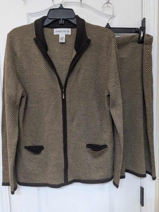 Jones Wear Jackets & Blazers - Jones Wear Taupe Herringbone Knit Zip Up Blazer and Matching Skirt